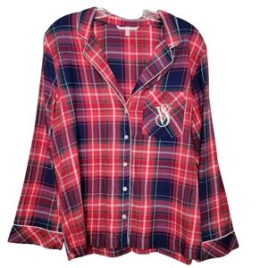 Victorias Secret Womens Red Plaid Pajama Top Size Small PJ Lounge Wear Button Up